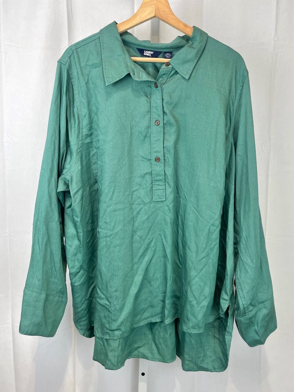 LANDS' END Popover Long Sleeve Tunic Top Shirt Lyocell Green 20W 22W 2X Plus